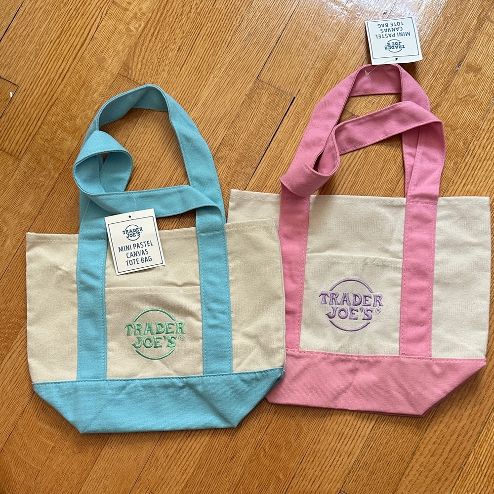 Two Trader Joe's Mini Pastel Canvas Tote Bags